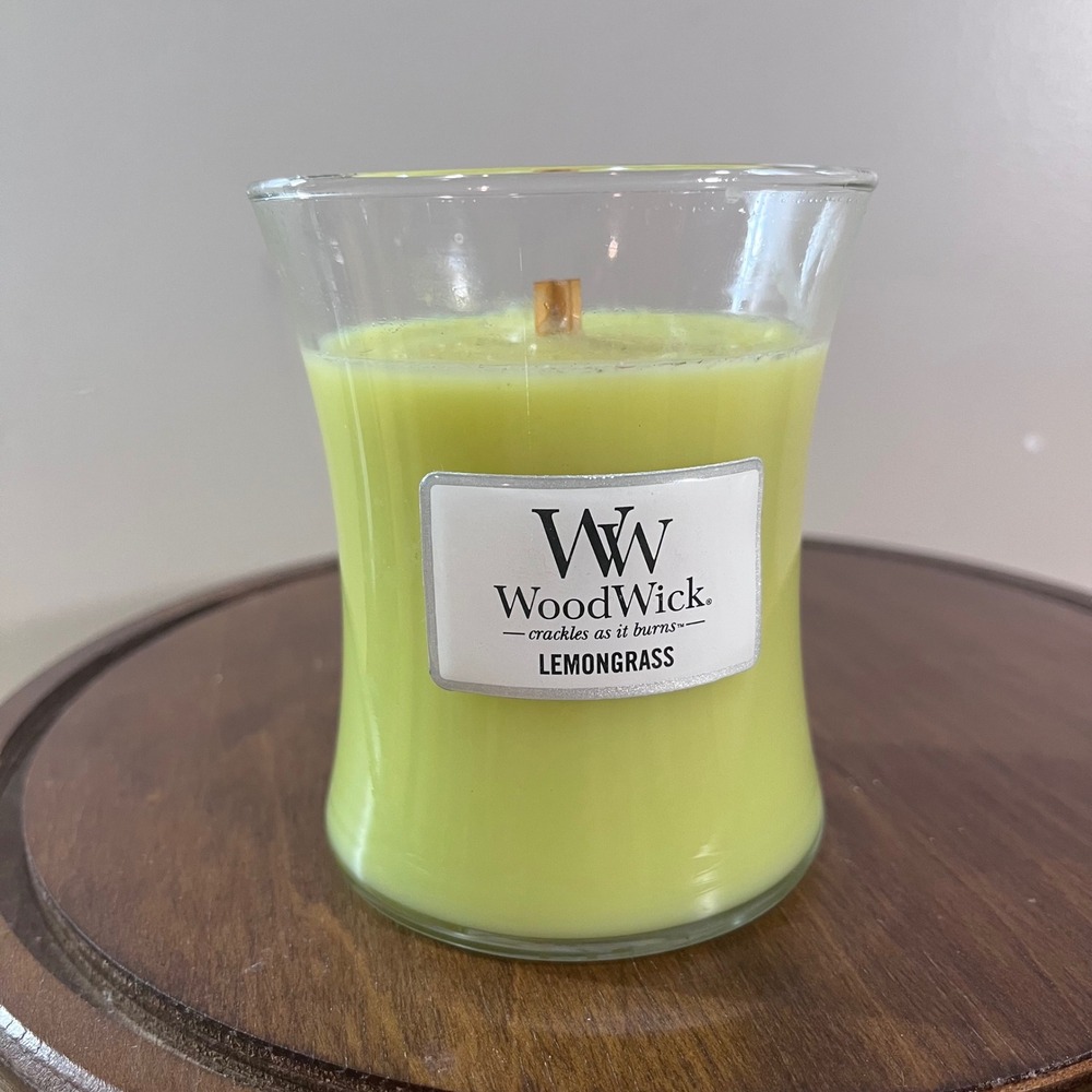 WoodWick Lemongrass Scented Hourglass Jar Candle 10oz Pluswick Crackle Wood Wick